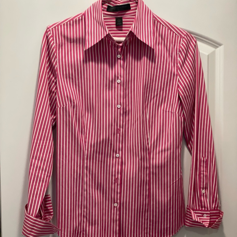 Business wardrobe staple. Express Studio classic button down, cuffed pin stripe.